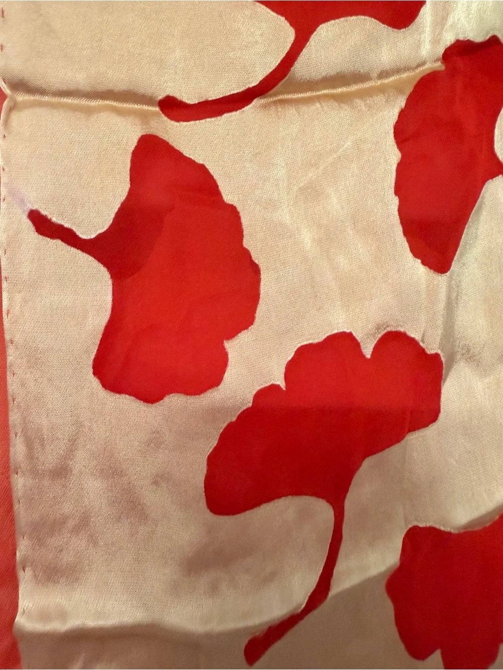 Silk Scarf with Red Ginkgo Leaf Motif